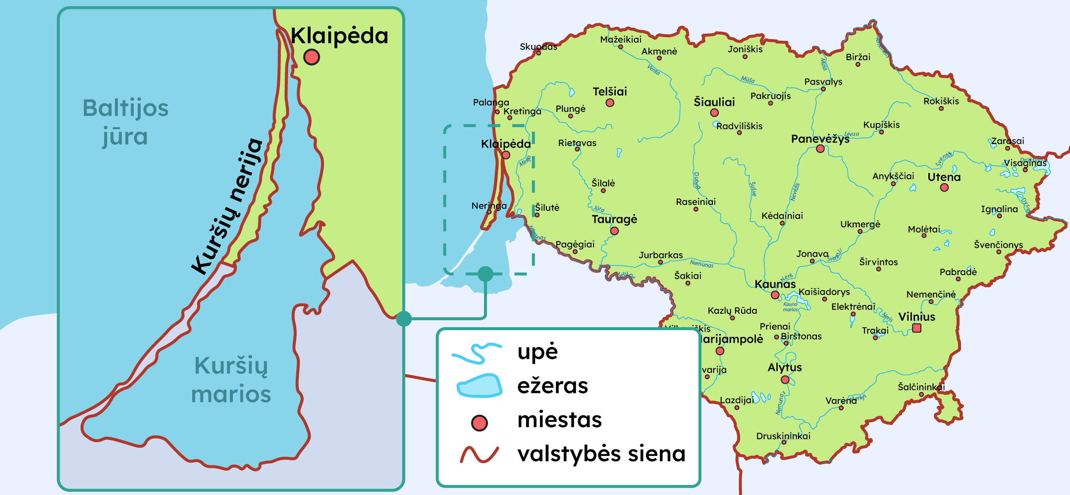 Žemėlapyje pavaizduota Lietuva su pažymėtais miestais, upėmis ir ežerais, taip pat yra išskirtas Kuršių Nerijos ir Kuršių marių regionas su detaliau pažymėta Klaipėdos vietove.