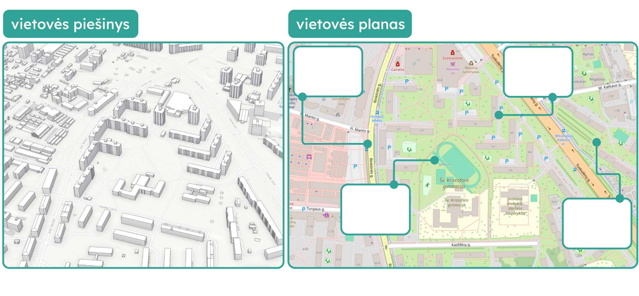 Dviejų dalių vietovės vaizdas: kairėje pusėje vietovės piešinys, o dešinėje pusėje - vietovės planas.