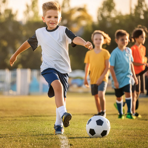 Berniukas, spardantis futbolo kamuolį.