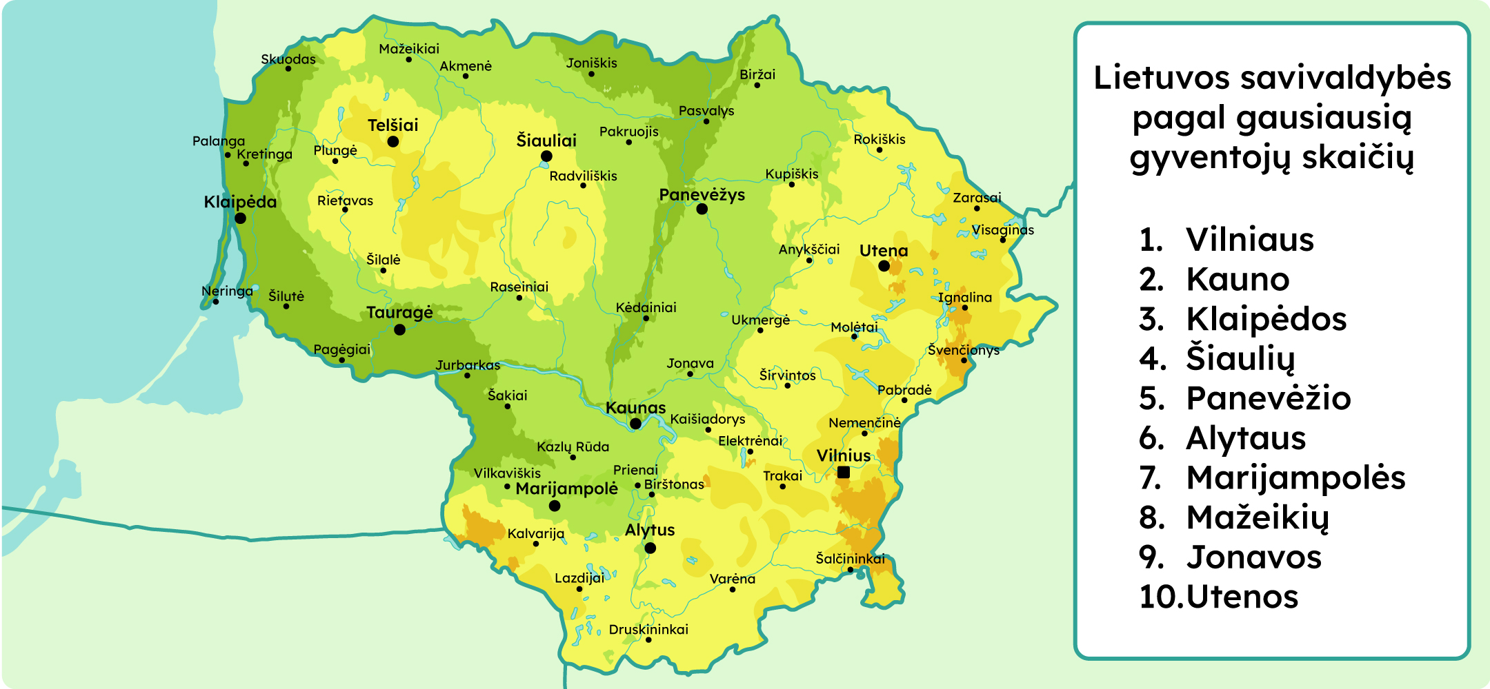 Lietuvos žemėlapis. Lietuvos savivaldybės pagal gausiausią gyventojų skaičių: 1. Vilniaus, 2. Kauno, 3. Klaipėdos, 4. Šiaulių, 5. Panevėžio, 6. Alytaus, 7. Marijampolės, 8. Mažeikių, 9. Jonavos, 10. Utenos.