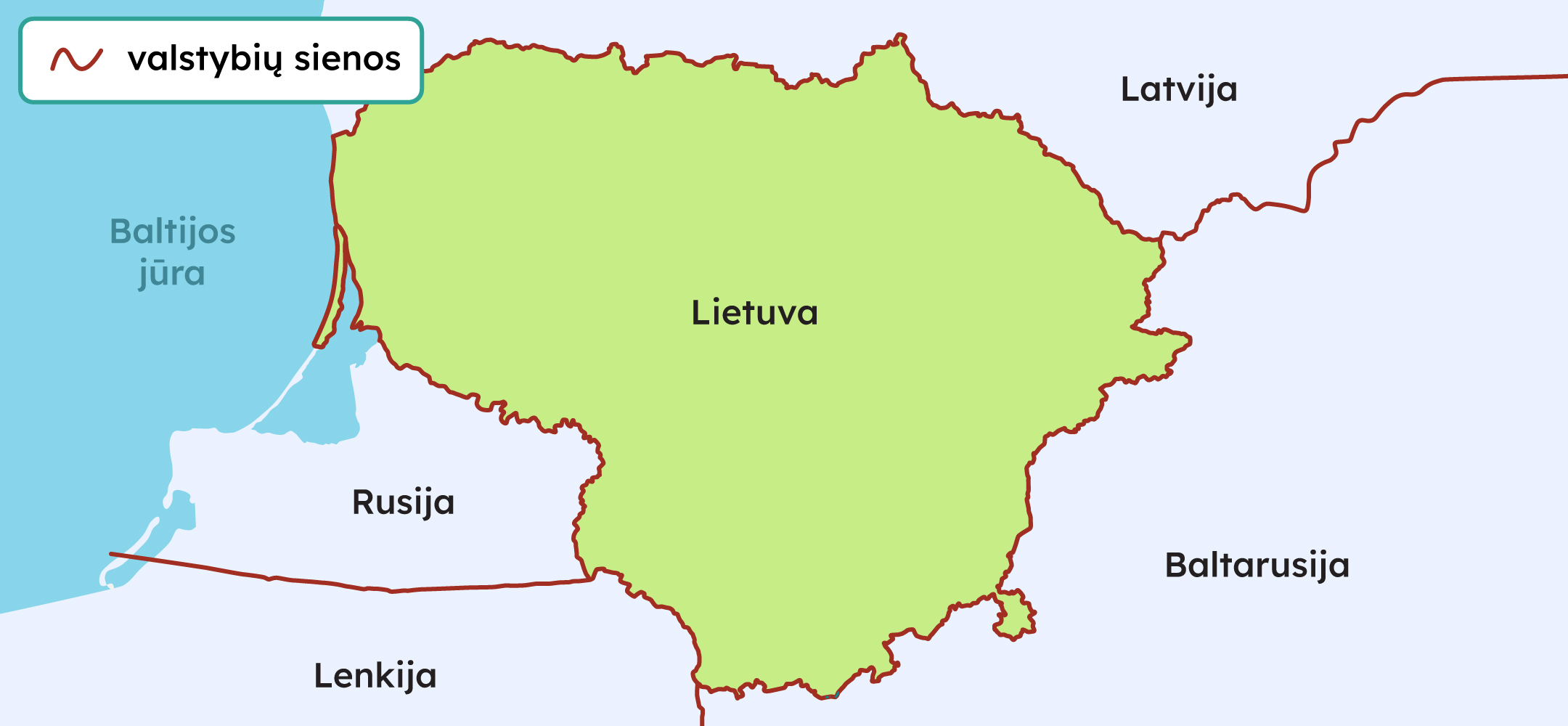 Žemėlapyje pavaizduota Lietuva su pažymėtomis valstybių sienomis ir nurodytais kaimyninėmis šalimis: Latvija, Baltarusija, Lenkija, Rusija ir Baltijos jūra.