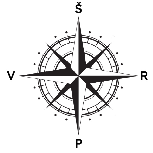 Kompasas su 4 kriptim: Šiaurė (Š), Pietūs (P), Rytai (R), Vakarai (V).