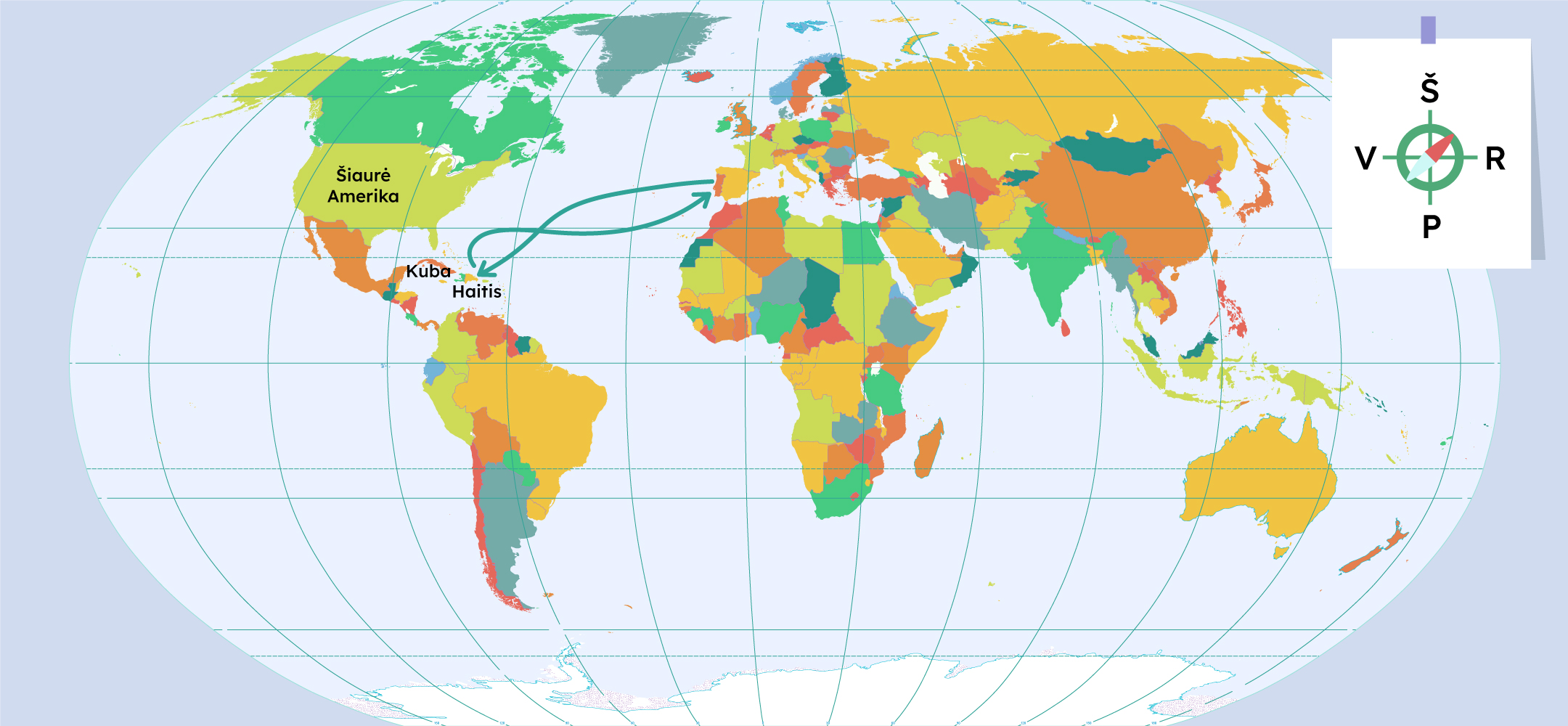 Pasaulio žemėlapis, kuriame pažymėta Šiaurės Amerika, Kuba, Haitis, rodyklės tarp Portugalijos ir Kubos ir Haičio salų.